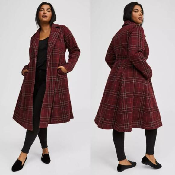 Torrid Burgundy Plaid Trench Coat - Picture 1 of 12